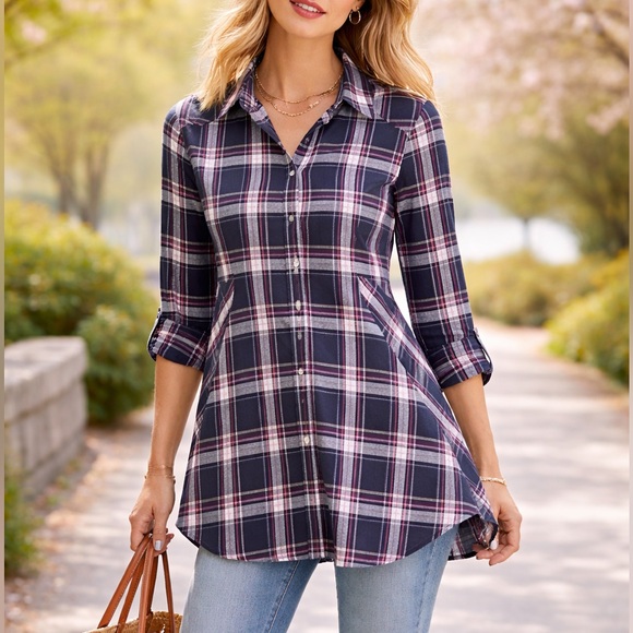 Foxcroft Tops - Foxcroft Navy and Red Plaid Button-Down Shirt/ Tunic/ short dress
